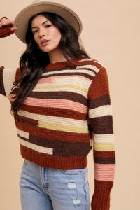 Annie Wear Color Block Round Neck Long Sleeve Sweater - Brittney MADE