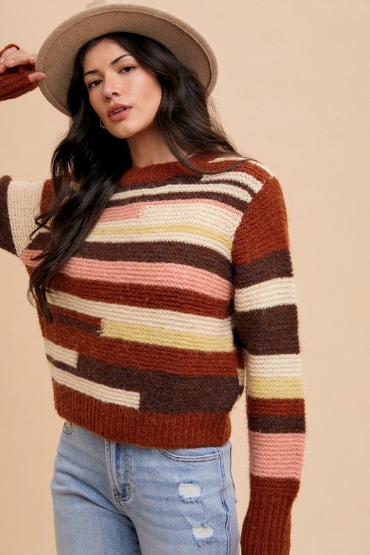 Annie Wear Color Block Round Neck Long Sleeve Sweater - Brittney MADE