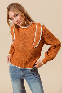 SO ME Ruffled Round Neck Cable Knit Top - Brittney MADE