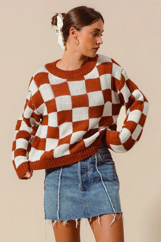SO ME Loose Fit Checkered Sweater Top - Brittney MADE