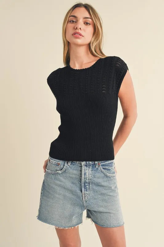 Aemi + Co Openwork Round Neck Cap Sleeve Knit Top - Brittney MADE