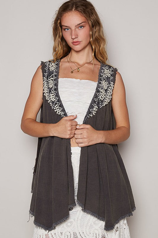 POL Embroidered Pearls Open Front Sleeveless Cardigan - Brittney MADE