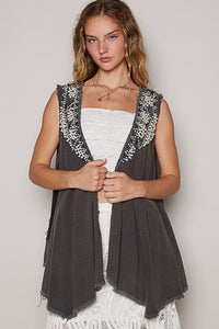 POL Embroidered Pearls Open Front Sleeveless Cardigan - Brittney MADE