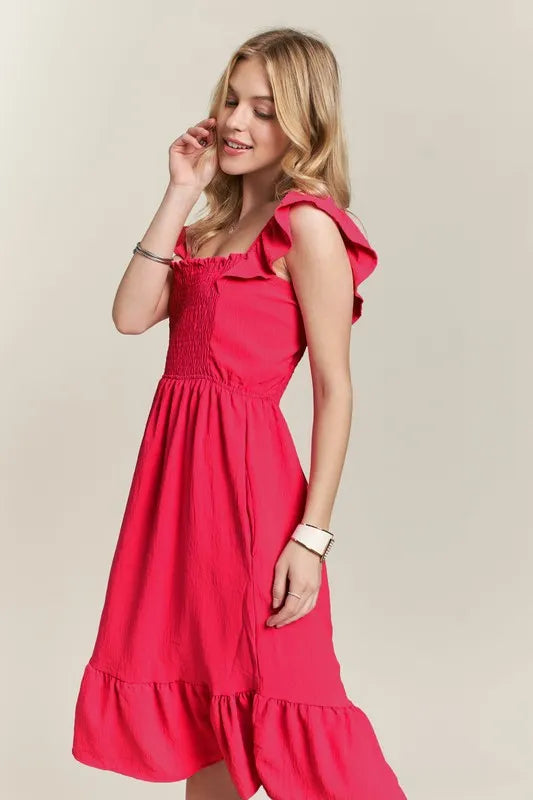 ADORA Smocked Square Neck Ruffled Cap Sleeve Dress - Brittney MADE