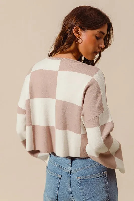 SO ME Checkered Crop Sweater with Bell Sleeves - Brittney MADE
