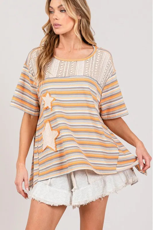 SAGE+FIG Accent Striped with Star Applique T-Shirt - Brittney MADE