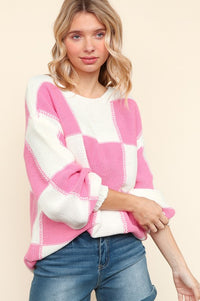Haptics Full Size Checkered Round Neck Drop Shoulder Sweater - Brittney MADE