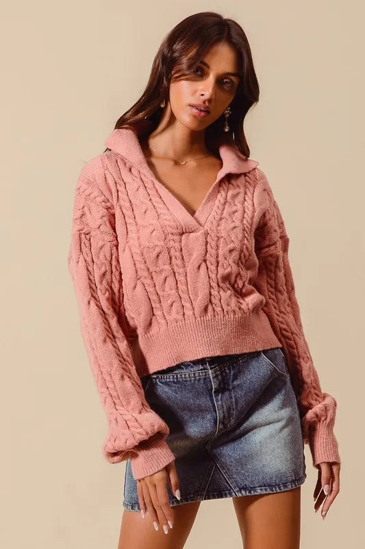 SO ME Cable Knit Deep V Neck Crop Swetaer Top - Brittney MADE