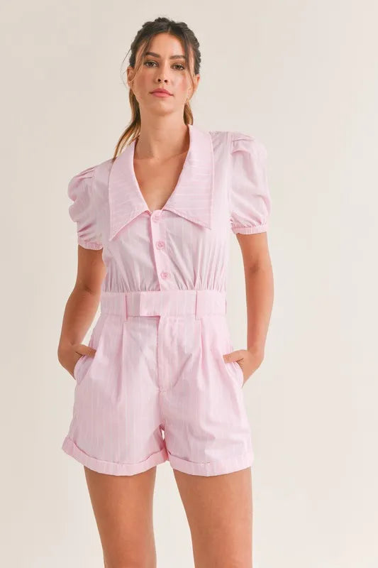 MABLE Striped Puff Sleeve Collared Neck Romper - Brittney MADE