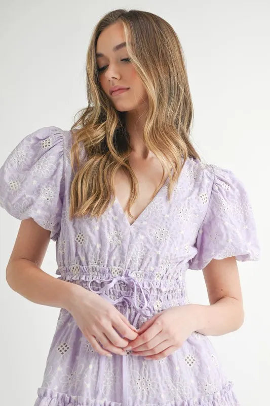 MABLE Eyelet Lace Puff Sleeve V Neck Midi Dress - Brittney MADE