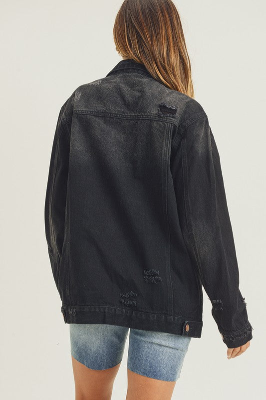 RISEN Full Size Distressed Long Sleeve Denim Jacket - Brittney MADE
