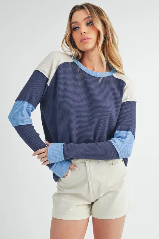 Aemi + Co Raw Seam Color Block Round Neck Knit Top - Brittney MADE