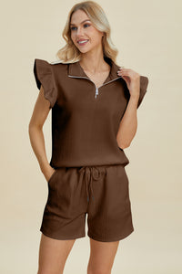 Double Take Full Size Texture Flounce Sleeve Top and Shorts Set - Brittney MADE