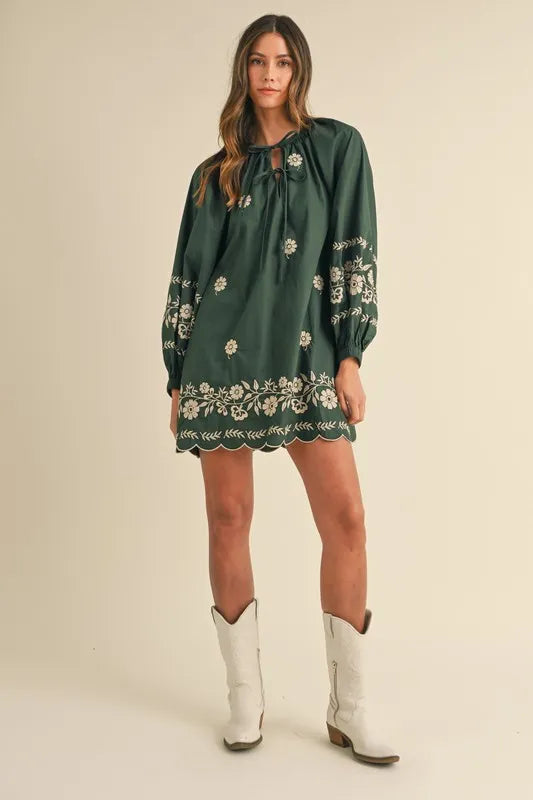 MABLE Embroidered Long Sleeve Peasant Mini Dress - Brittney MADE