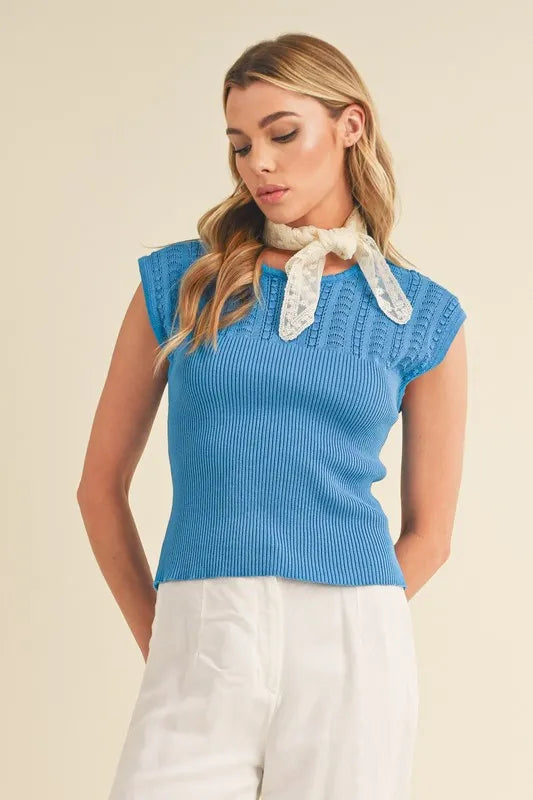 Aemi + Co Openwork Round Neck Cap Sleeve Knit Top - Brittney MADE