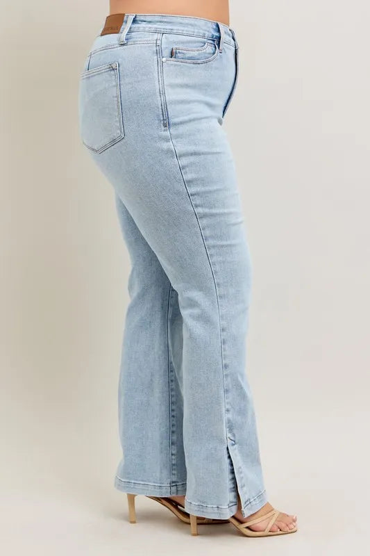 Judy Blue Full Size Tummy Control Vintage Wash Side Slit Slim Boot Jeans Plus Size - Brittney MADE