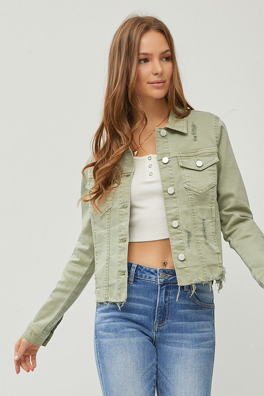 RISEN Full Size Raw Hem Button Up Cropped Denim Jacket Plus Size - Brittney MADE