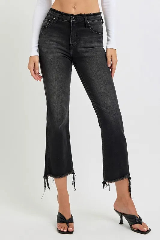 RISEN Full Size Raw Hem Cropped Flare Jeans Plus Size - Brittney MADE