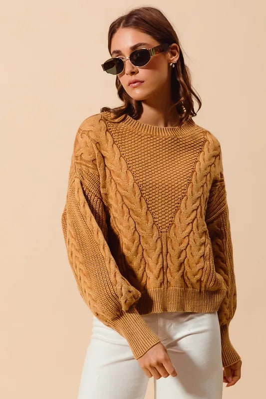 SO ME Mineral Washed Loose Fit Textured Cable Sweater - Brittney MADE
