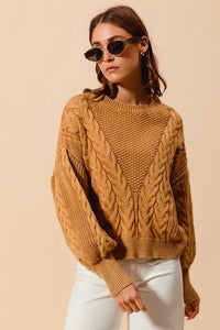 SO ME Mineral Washed Loose Fit Textured Cable Sweater - Brittney MADE