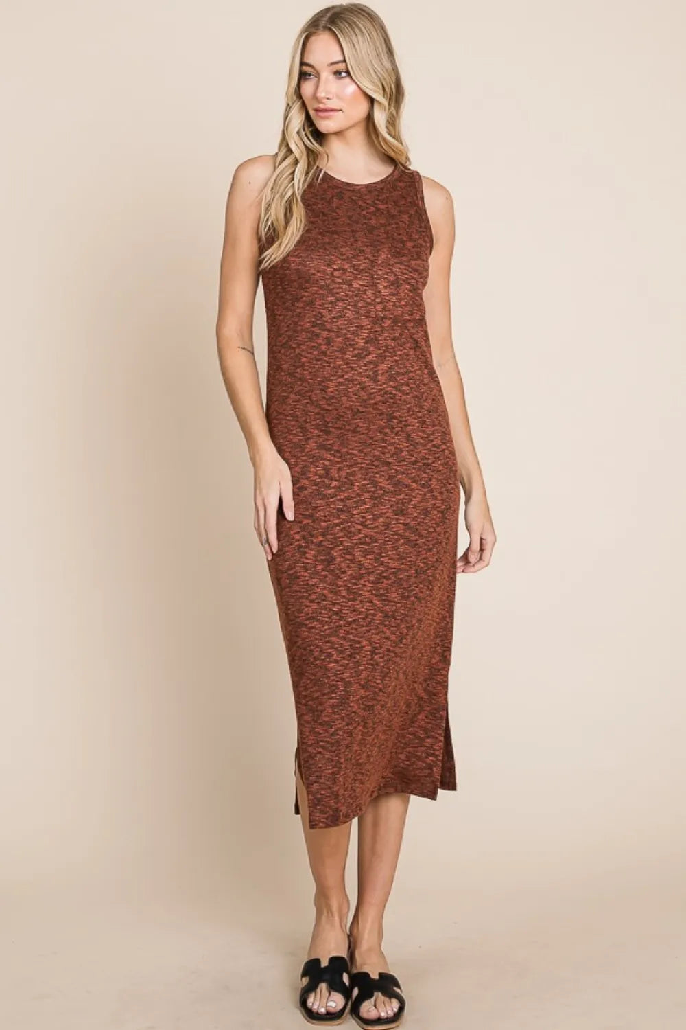 BOMBOM Slit Round Neck Sleeveless Midi Dress - Brittney MADE
