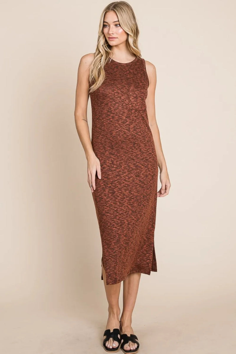 BOMBOM Slit Round Neck Sleeveless Midi Dress - Brittney MADE