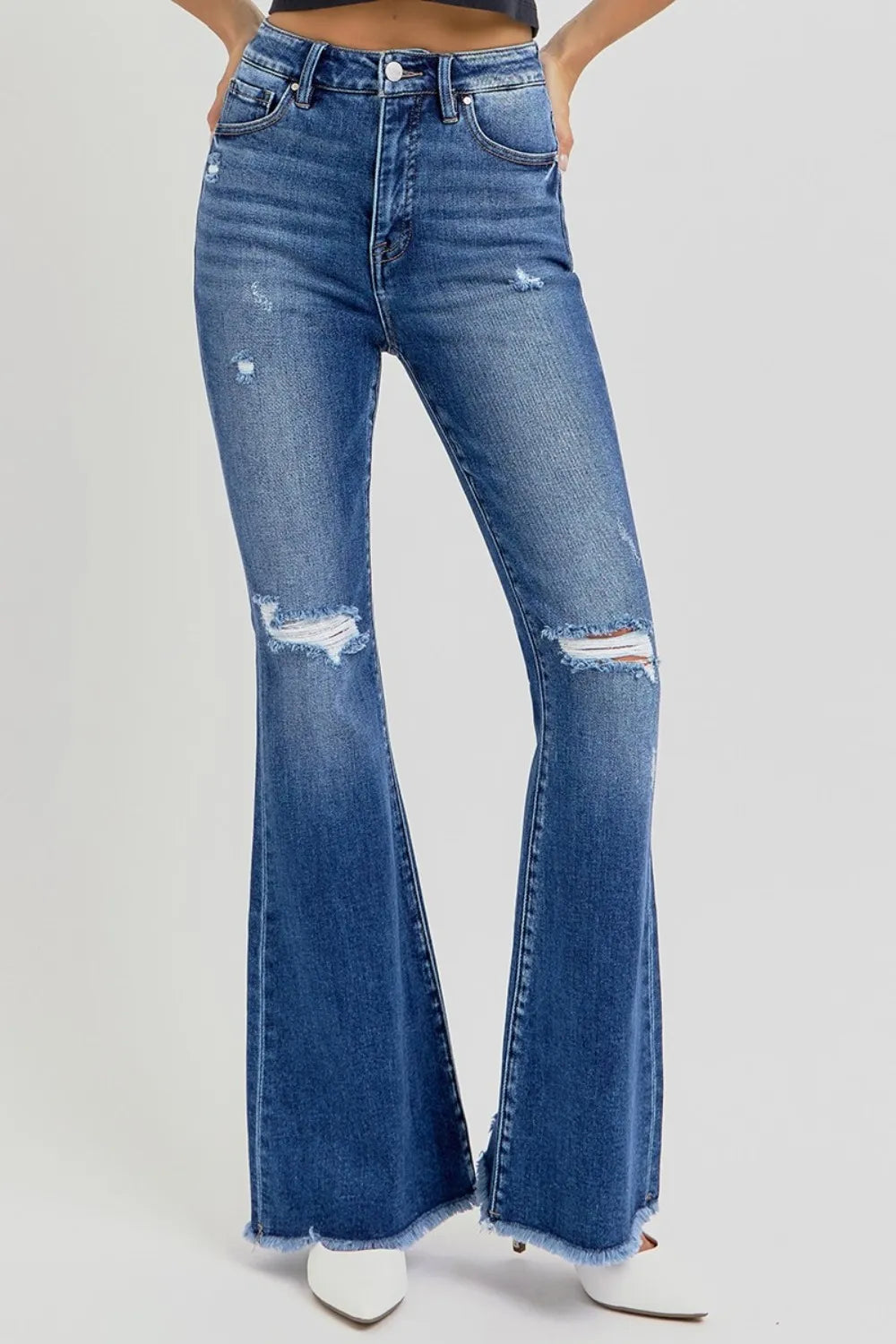RISEN Full Size High Rise Distressed Raw Hem Flare Jeans - Brittney MADE