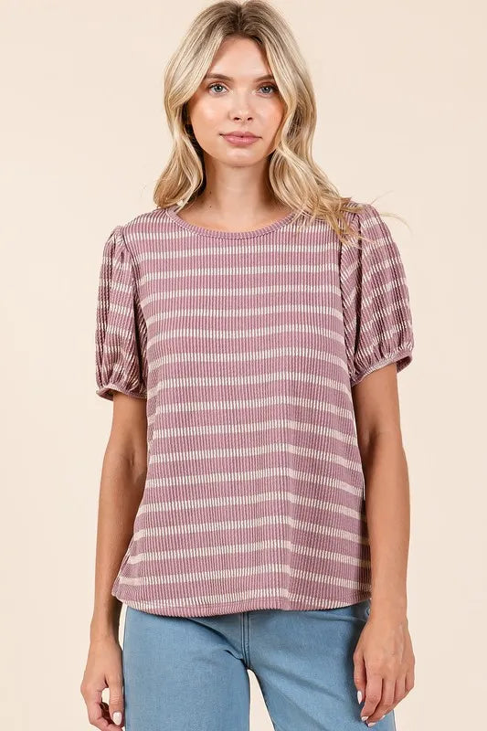 Mittoshop Contrast Striped Short Puff Sleeve Knit Top - Brittney MADE