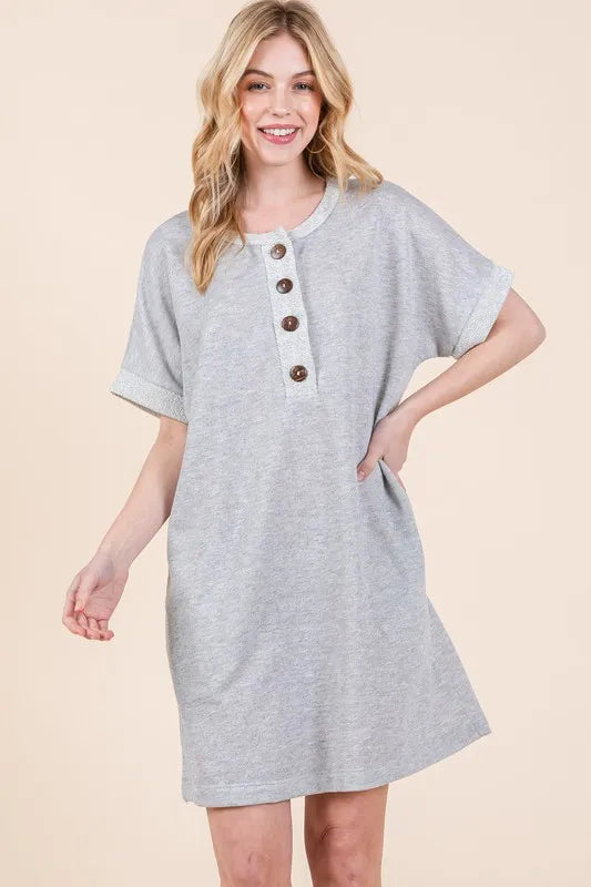 BOMBOM Casual Contrast Trim Henley Dress - Brittney MADE