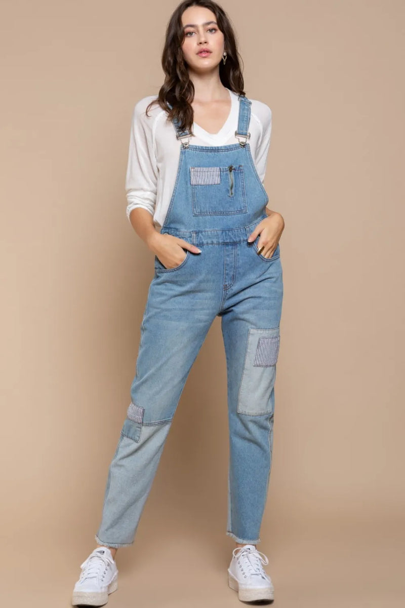 POL Front Chest Zipper Slim Leg Denim Overalls - Brittney MADE