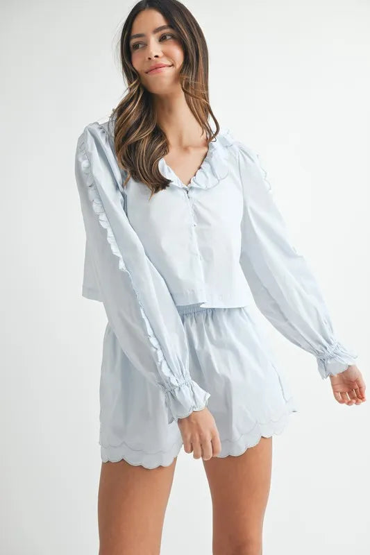 MABLE Long Sleeve Scallop Blouse and Shorts Set - Brittney MADE