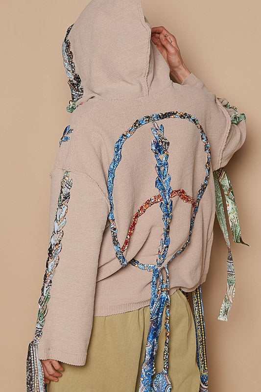 POL Contrast Thread Peace Back Hooded Sweater - Brittney MADE