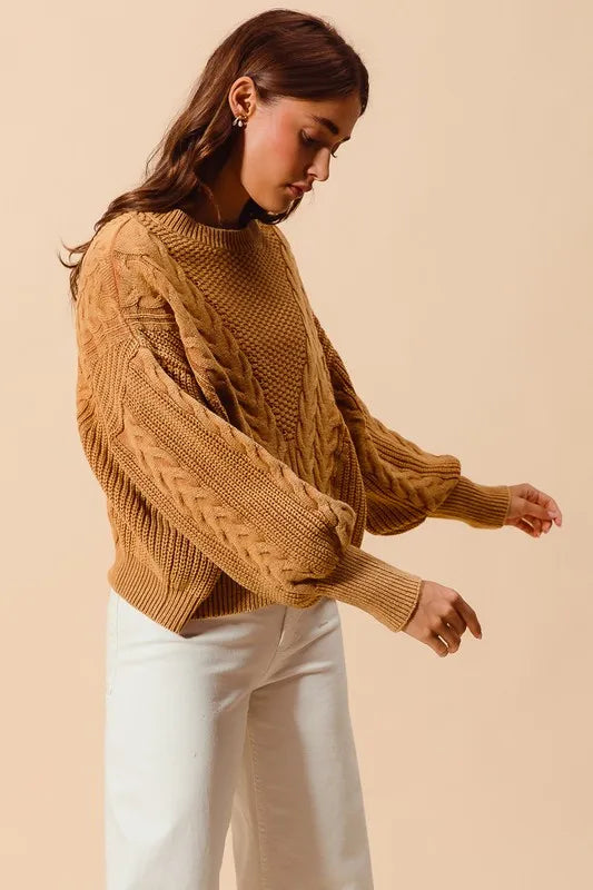 SO ME Mineral Washed Loose Fit Textured Cable Sweater - Brittney MADE