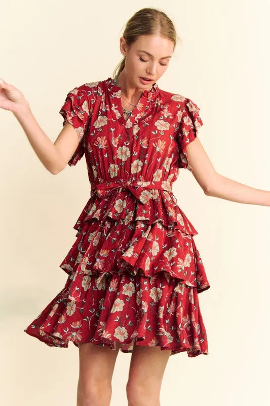 Davi & Dani Ruffle Flutter Sleeve Tie Belt Tiered Mini Dress - Brittney MADE