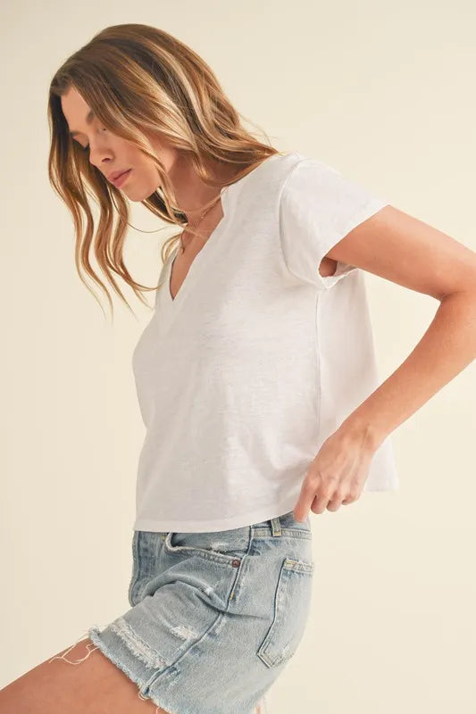 Aemi + Co Side Slit V-Neck Short Sleeve Cropped T-Shirt - Brittney MADE