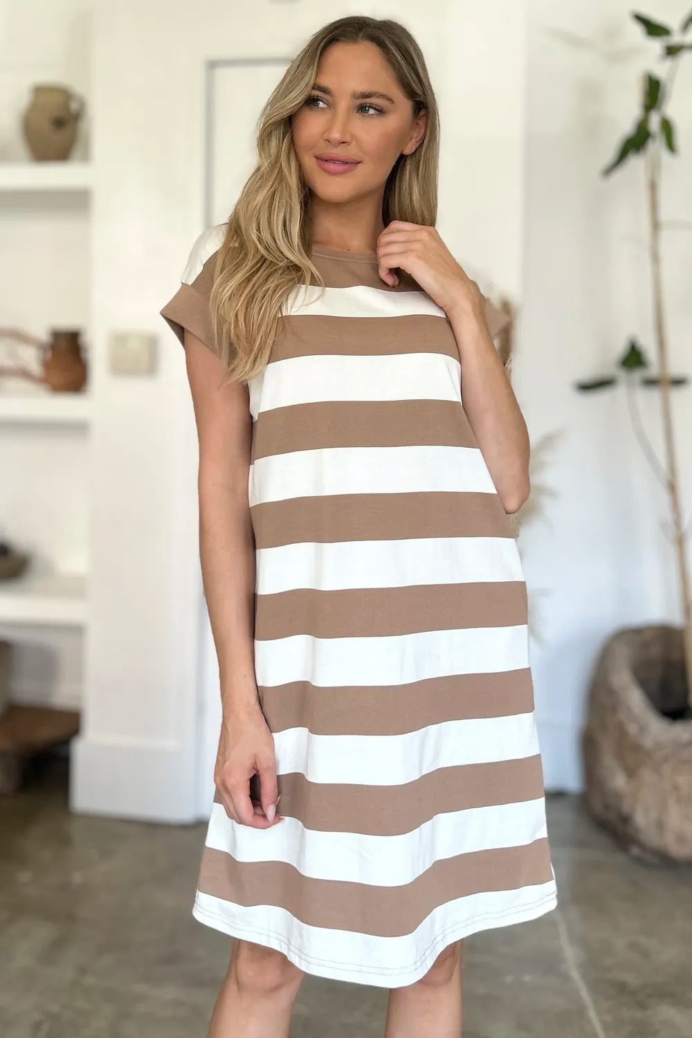 Basic Bae Full Size Striped Round Neck Cap Sleeve Mini Dress - Brittney MADE