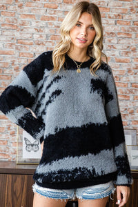 First Love Full Size Abstract Pattern Contrast Feather Yarn Sweater - Brittney MADE