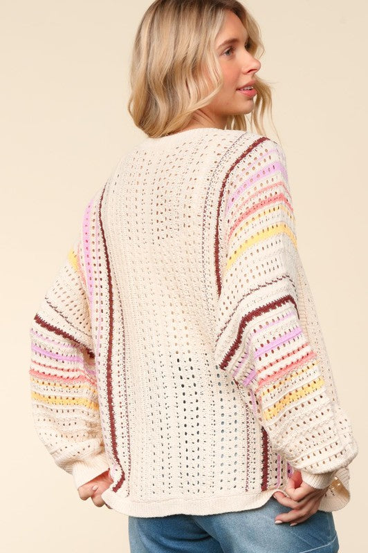 Haptics Full Size Striped Crochet Open Front Cardigan - Brittney MADE