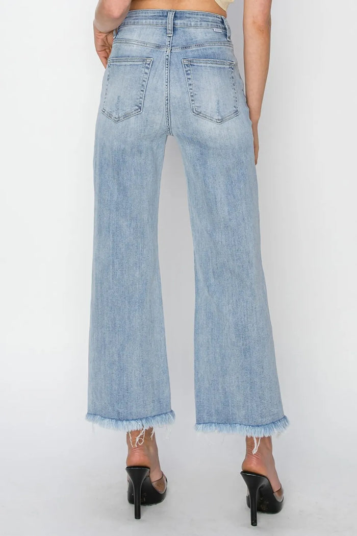 RISEN High Rise Crop Wide Fray Hem Jeans - Brittney MADE