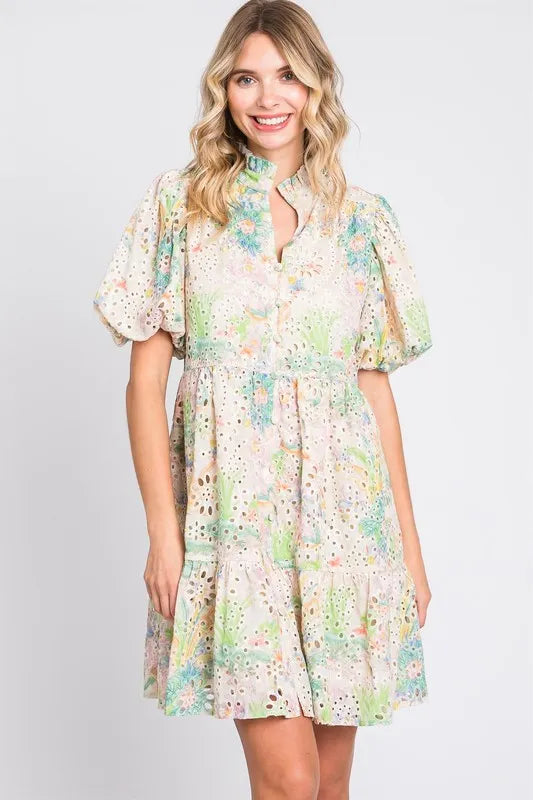 GeeGee Floral Eyelet Lace Puff Sleeve Mini Dress - Brittney MADE