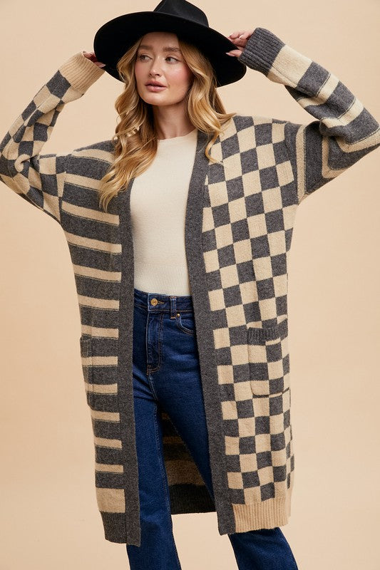 Annie Wear Checkered & Striped Open Front Long Sleeve Cardigan - Brittney MADE