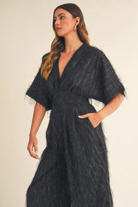 MABLE Fluffy Deep V Neck Wide Leg Jumpsuit - Brittney MADE