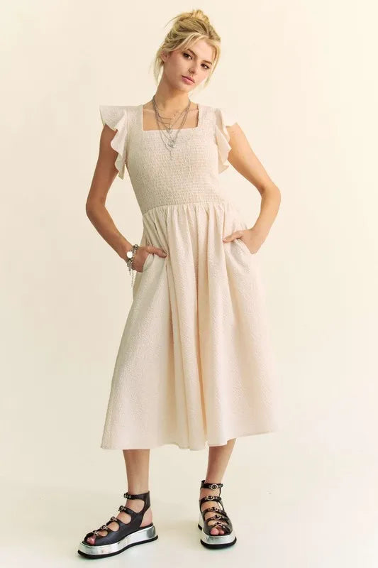 Davi & Dani Ruffled Cap Sleeve Smocked Midi Dress - Brittney MADE