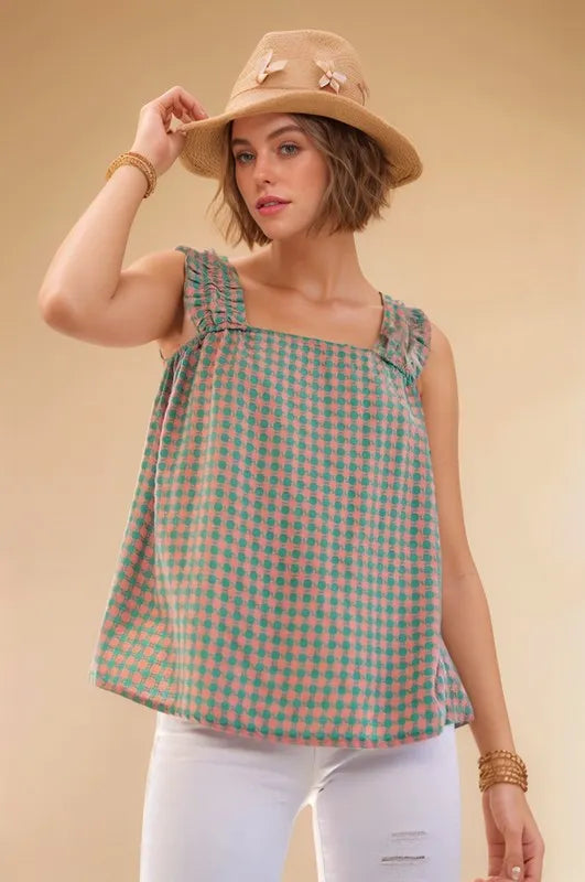 Davi & Dani Lace Fabric Square Neck Shirred Straps Summer Top - Brittney MADE