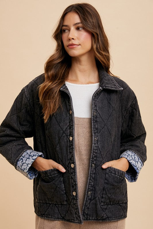 Annie Wear Quilted Printed Lining Snap Down Denim Jacket - Brittney MADE