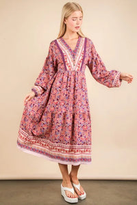 VERY J Floral Printed Boho V-Neck Balloon Sleeve Dress - Brittney MADE