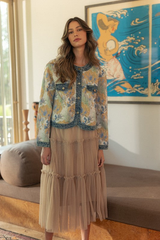 Annie Wear Floral Jacquard Denim Contrast Button Down Jacket - Brittney MADE