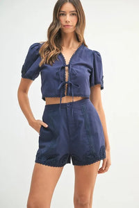 MABLE Crochet Lace Detail Crop Top and Shorts Set - Brittney MADE