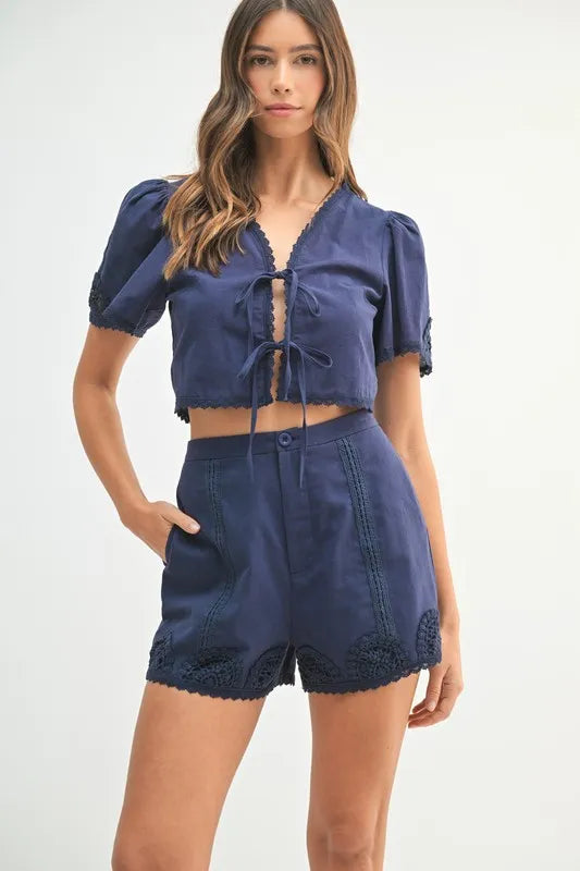 MABLE Crochet Lace Detail Crop Top and Shorts Set - Brittney MADE