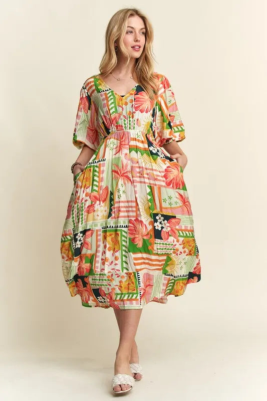 ADORA Floral V-Neck Puff Sleeve Midi Dress - Brittney MADE